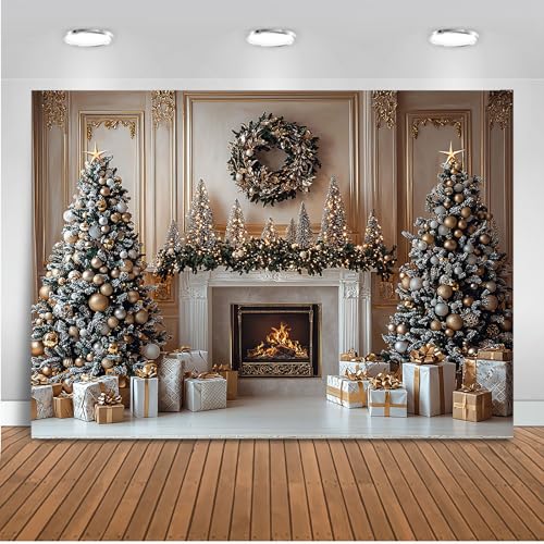 Mocsicka Christmas Fireplace Backdrop Gold Christmas Tree Fireplace Background Photography Decorations Christmas Eve Background Photo Props (7x5ft) - size: 7x5ft