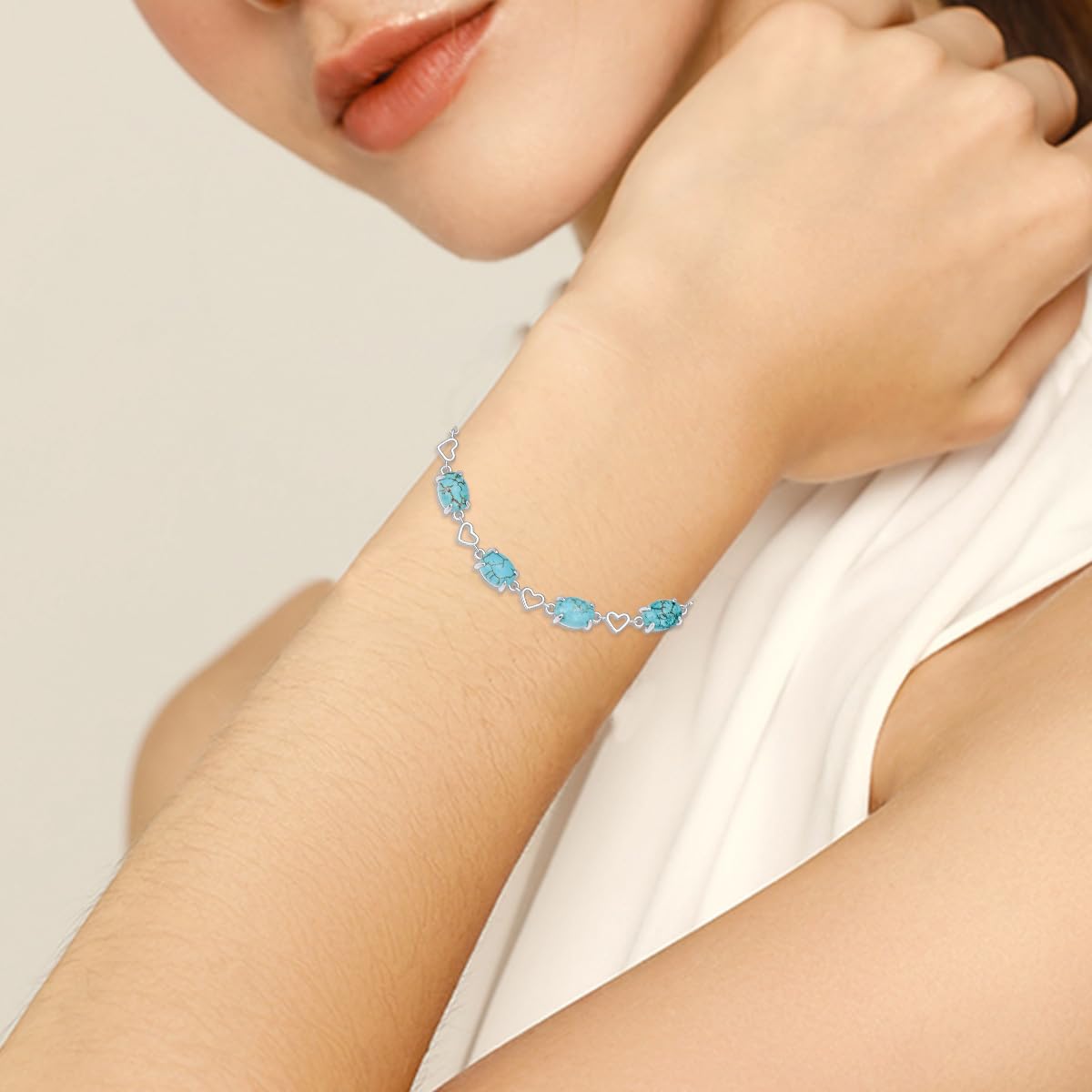 BETHZA Turquoise Link Bracelet 925 Sterling Silver Oval 6x8mm Genuine Turquoise Gemstone Adjustable Bracelets Jewelry for Women