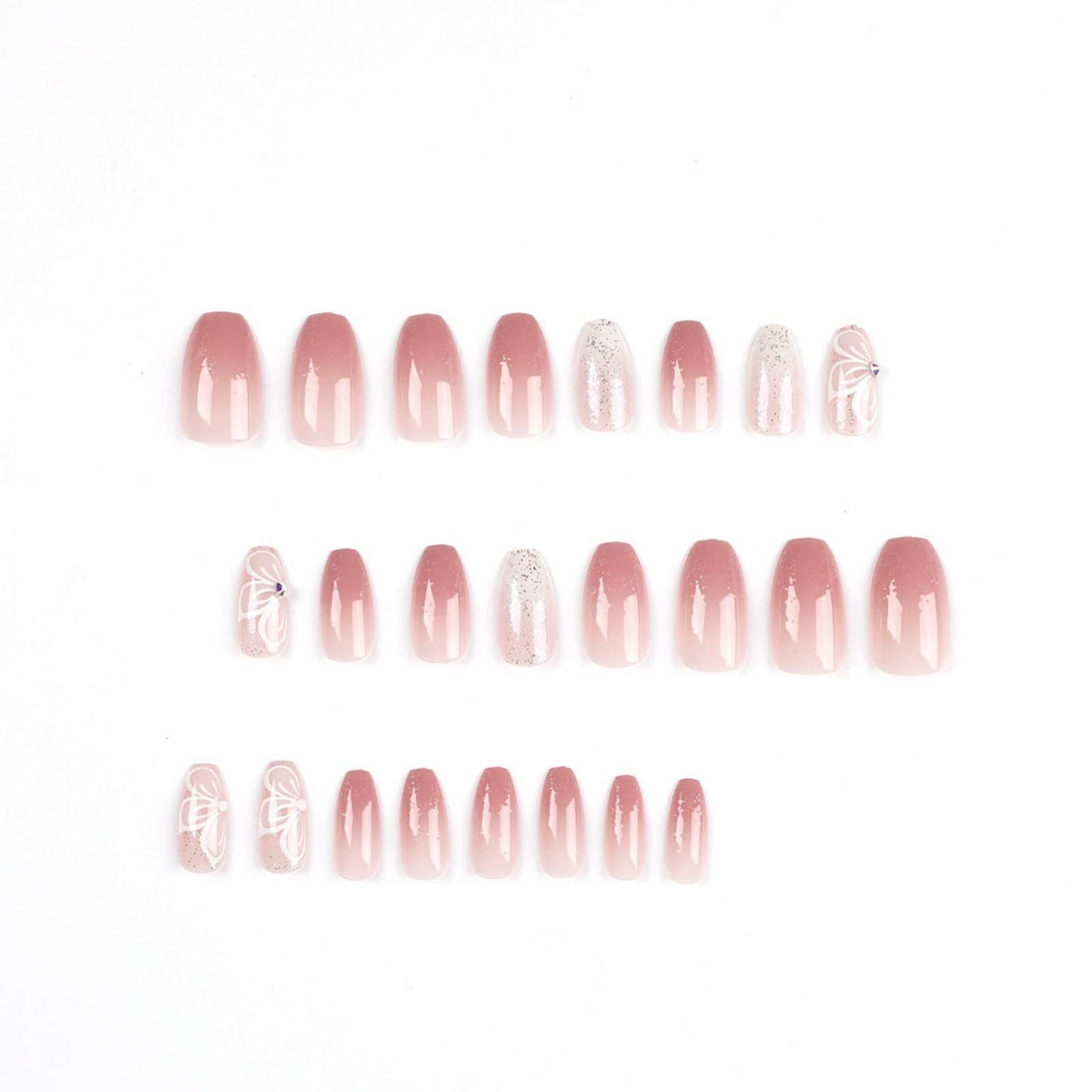 MISUD Press on Nails - Medium Coffin Glue on Nails with Pink Ombre, Acrylic Bling Glitter Design 24 pcs