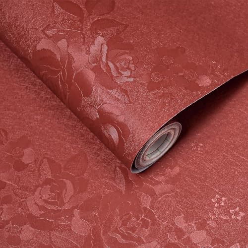 Dark Red Peel and Stick Wallpaper Textured Embossed Floral Contact Paper Peel and Stick 118inL78.7inW Retro Crimson Red Flower Self Adhesive Removable Wallpaper for Bathroom Waterproof Thicken - color: Red, size: 17.7" x 118"