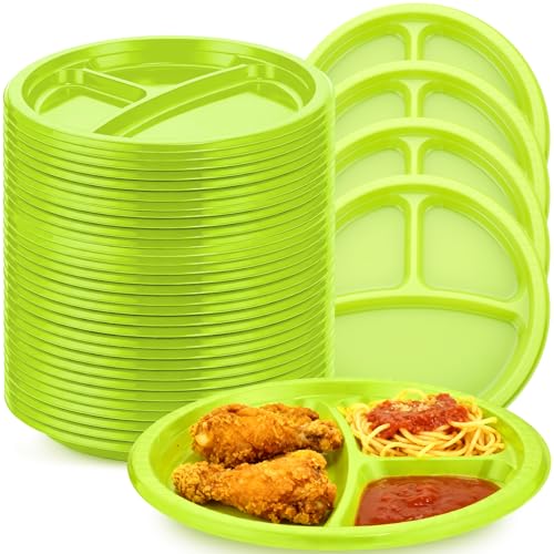 Umigy 100 Pcs 10 Inch 3 Compartments Divided Plastic Plates Bulk Colorful Disposable Heavy Duty Round Dinnerware for Party Valentine Wedding Birthday (Green) - color: Green