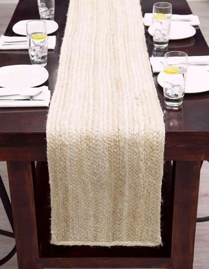 Handwoven Natural Jute Table Runner – Rustic Farmhouse Style, Natural Burlap Look – Eco-Friendly Table Decor for Dining Table, Weddings & Events,Size-14 x 90 Inches-White