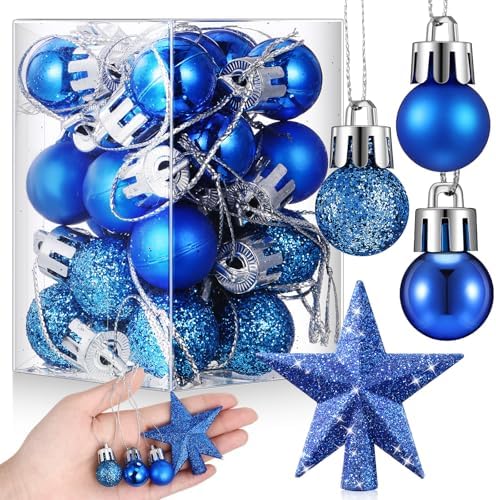 RoundFunny 25 Pcs Mini Christmas Balls Ornaments Set 0.79 Inch Christmas Day Ball Topper Star Tree Hanging Ornaments for Party Decoration(Blue)