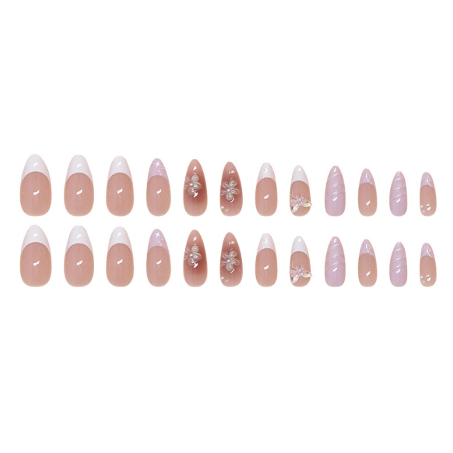 Hkanlre Almond Fake Nude Nails Tips Full Cover False Medium Nails Summer Flower Press on Nails for Women 24PCS