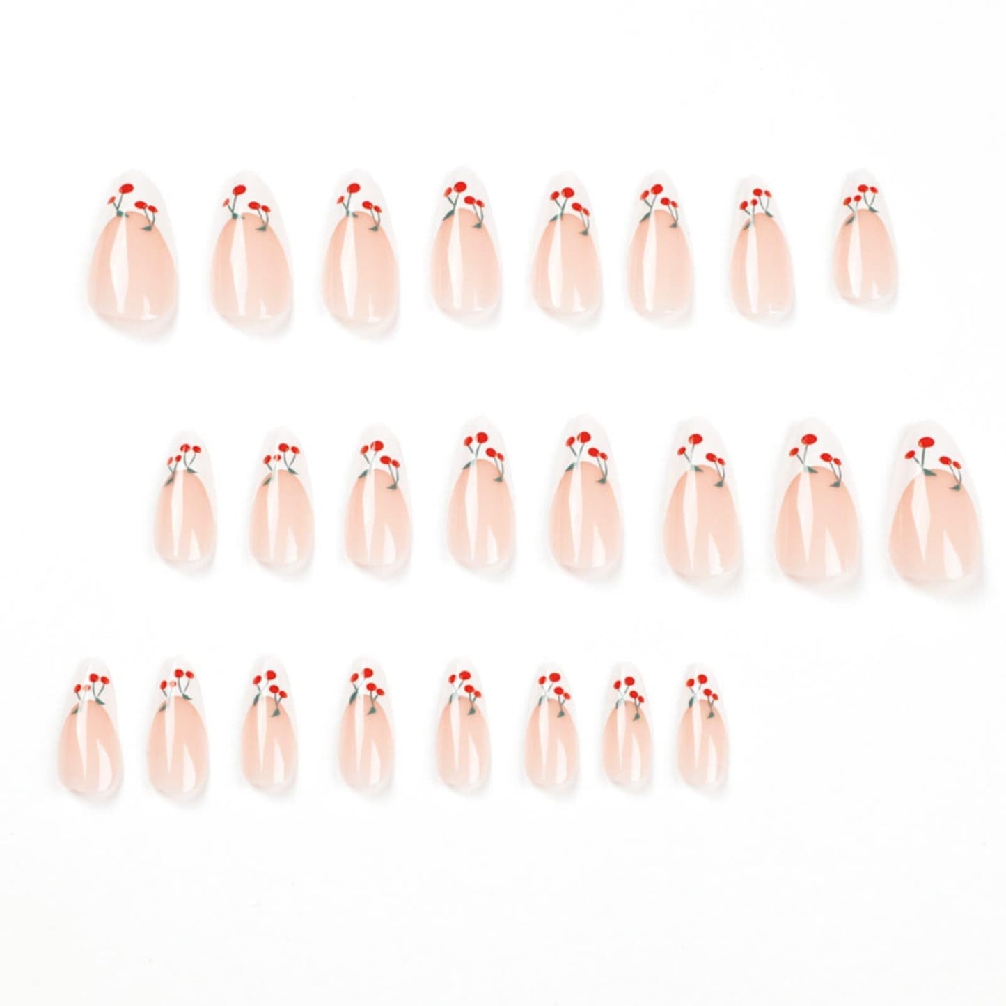 White French Tip Press on Nails Short Almond Fake Nails Cute Nude Pink with Red Cherry Glossy Acrylic Nails Full Cover Glue on Nails Reusable Artificial Stick on Nails for Women 24 Pcs