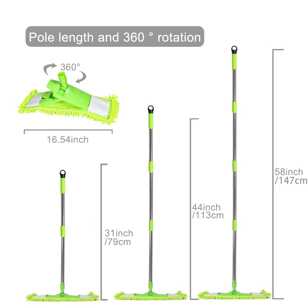 Dust Mop for Floor Cleaning with 2 Washable Chenille Pads and Extendable 58” Long Handle, Dry Wet Flat Mop with Scouring Pad for Hardwood, Laminate, Tile, Marble (Green)
