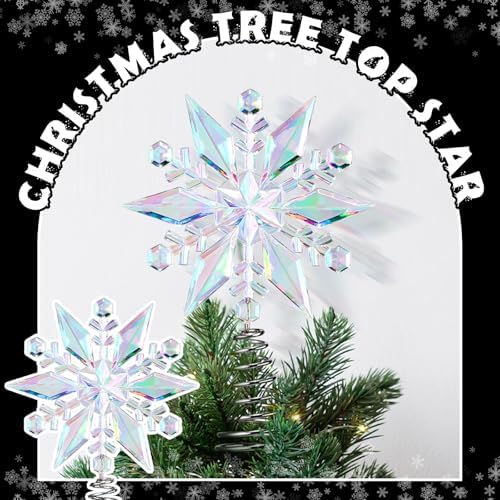 Gejoy 6 Inch Mini Christmas Iridescent Snowflake Tree Topper Acrylic Snowflake Toppers Xmas Ornament Trees Decor Iridescent Tree Topper for Winter Holidays Decor