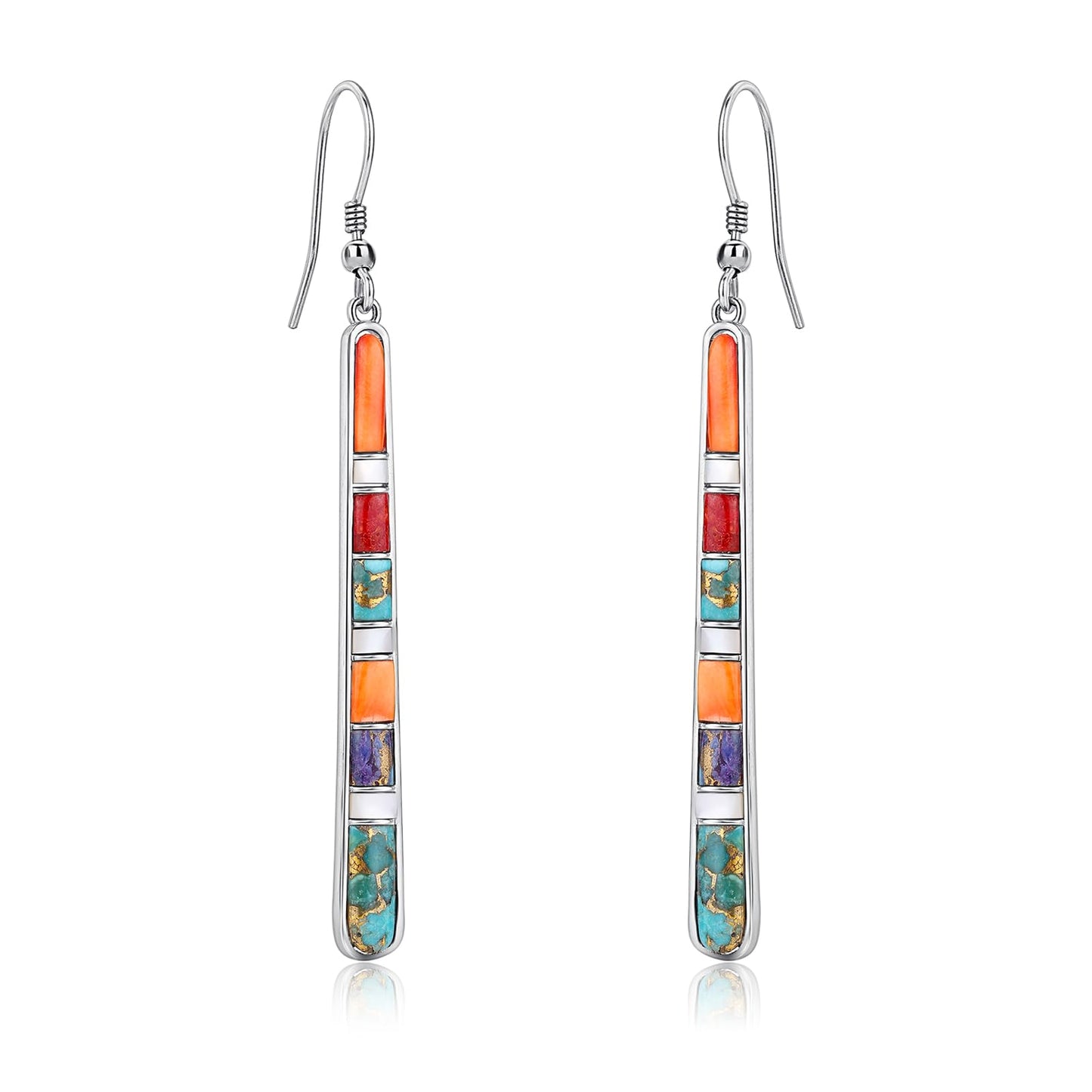 Phyonio Turquoise Earrings for Women 925 Sterling Silver Multicolor Gemstones Dangle Earrings Bohemian Style Statement Bar Earrings Dangle Earrings for Women Summer Earrings Valentines Gifts