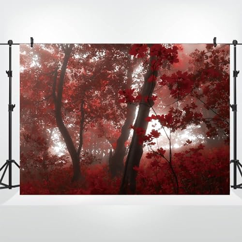 10x6.5ft Fall Maple Leaves Backdrop Autumn Scenery Misty Red Maple Forest Photography Background Natural Landscape Maple Trees Thanksgiving Party Kids Adults Travel Decor Banner Photo Props - size: 10x6.5ft