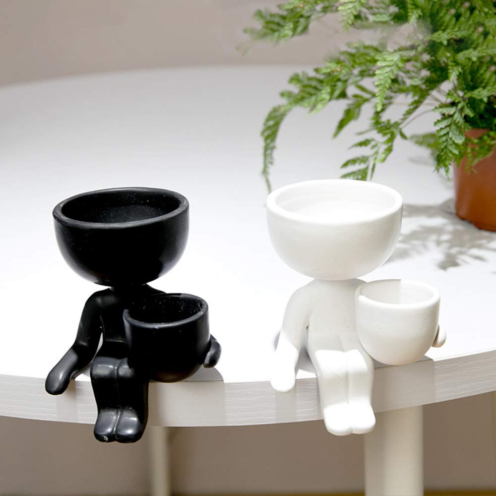 DIYOMR Humanoid Ceramic Flower Pot Succulent Cactus Bonsai Planter Pots Container, Ceramic Crafts Vase Home Office Decoration Desk Window Sill Decor,Not Include Plants (Black-B)