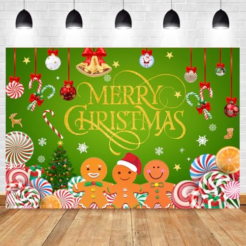 Gingerbread Merry Christmas Backdrop 7x5FT Green Peppermint Candy Cane Gingerbread Photography Background Christmas Candy Banner - color: Green/Red/Gold/Brown