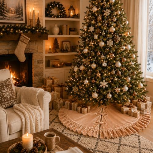 Christmas Tree Skirt,Velvet Tree Skirt with Ruffled Edge, Classic Large Velvet Fur Plush Tree Skirt for Merry Christmas(Khaki,48Inch)