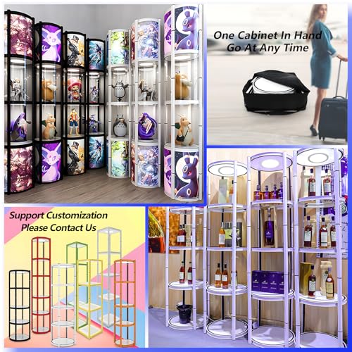 Foldable Display Case,Portable Display Cabinet,Retail Display Racks,Storage Showcase Cabinets Luminescent with LED-Light for Tradeshow Display,Tradeshow Booths ,White Round 4-Shelves 18x76inch - size: 18x76"