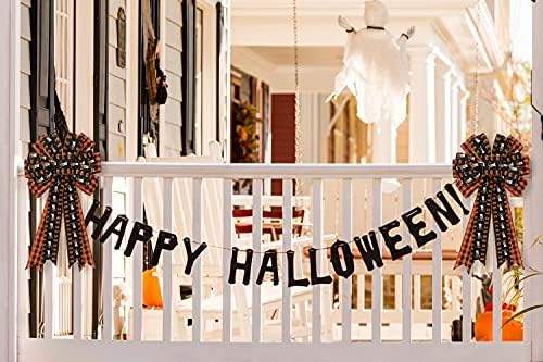 Large Black Red Buffalo Plaid Wreath Bow - Ghost Pumpkin Halloween Decoration for Indoor/Outdoor Wall/Door