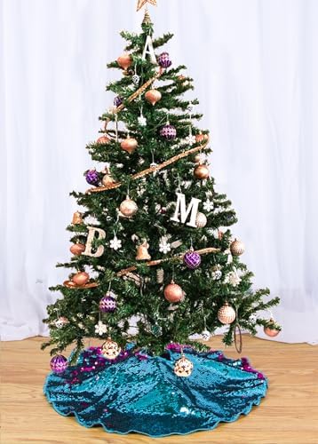Christmas Tree Skirt 24 Inches Turquoise to Hot Pink Mermaid Sequin Tree Skirts 24 Inches Small Round Tree Skirt for 1.5ft Xmas Trees Indoor or Outdoor