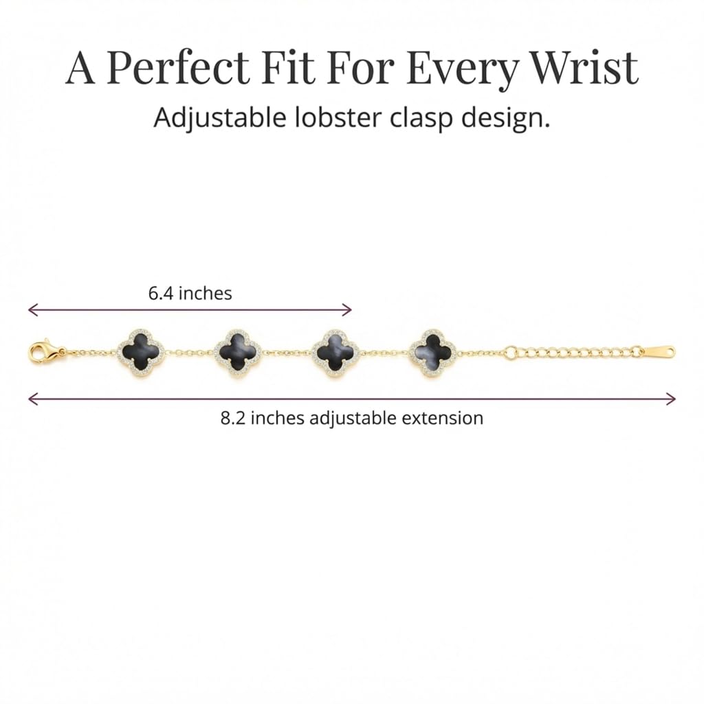 SHINYY Four Leaf Clover Bracelet for Women | 18K Gold Plated Cubic Zirconia Link Bracelet | 4 Leaf Lucky Jewelry Gift for Her (Black Gold)