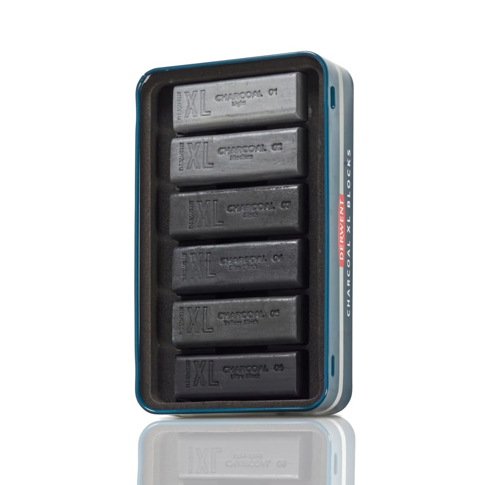 Derwent Charcoal XL Blocks 6 Tin, Set of 6, 60mm Extra-Large Block, Naturally Water-soluble, Ideal for Sketching, Drawing and Expressive Mark Making, Professional Quality (2306196)