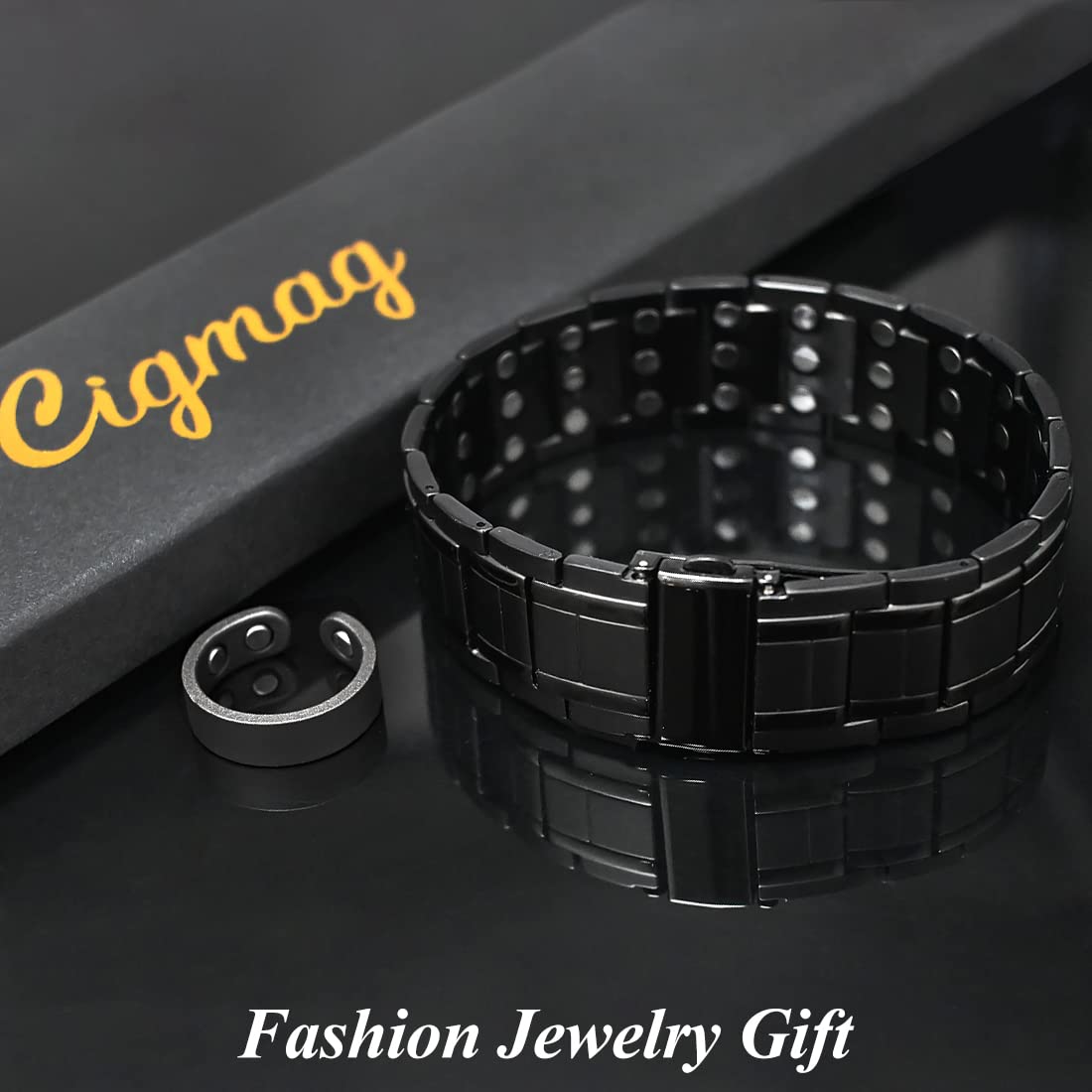 Cigmag 3X Magnetic Bracelets for Men Ultra Strength Magnets Upgrade Folding Clasp Titanium Bracelet & Copper Ring Adjustable with Sizing Tool (Black)