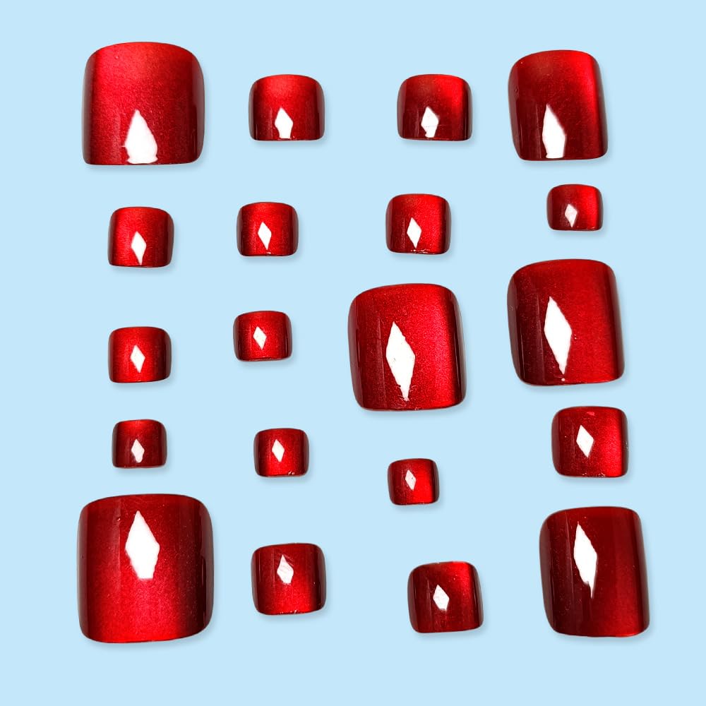 Wine Red Press on Toenails Cat Eye Fake Toe Nails Short Square Acrylic Toenails Glossy Red False Nails Shiny Glitter Artificial Nails for Women Decoration 24Pcs