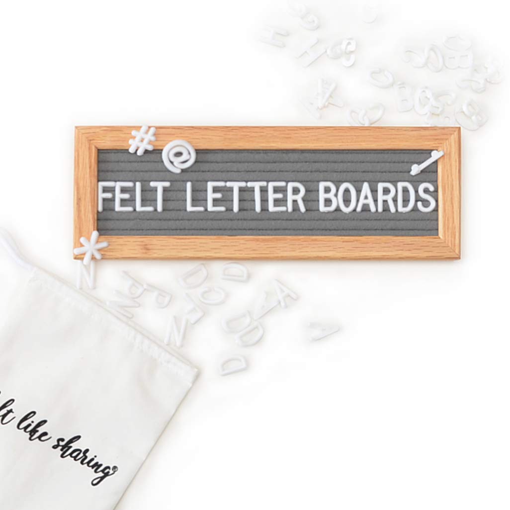Felt Like Sharing Small Letter Board (Gray Felt - 10”x3.5”) – Changeable Message Board with 3 Sets of Felt Board Letters for Home, Office & Aesthetic Room Decor – Wall Letterboard Signs In Oak Frame