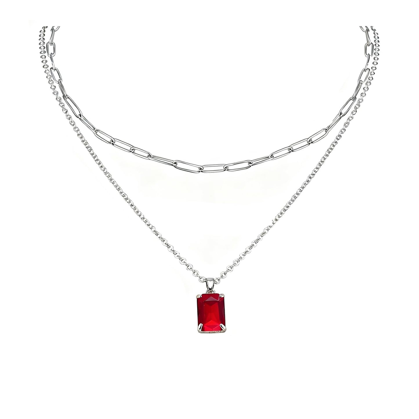 VANGETIMI Red and Silver Layered Pendant Necklaces for Women Silver Plated Crystal Choker Necklace Paperclip Rhinestone Necklace Party Prom Jewelry