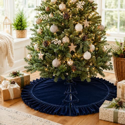 Christmas Tree Skirt,Velvet Tree Skirt with Ruffled Edge, Classic Large Velvet Fur Plush Tree Skirt for Merry Christmas(Nevy,36Inch)