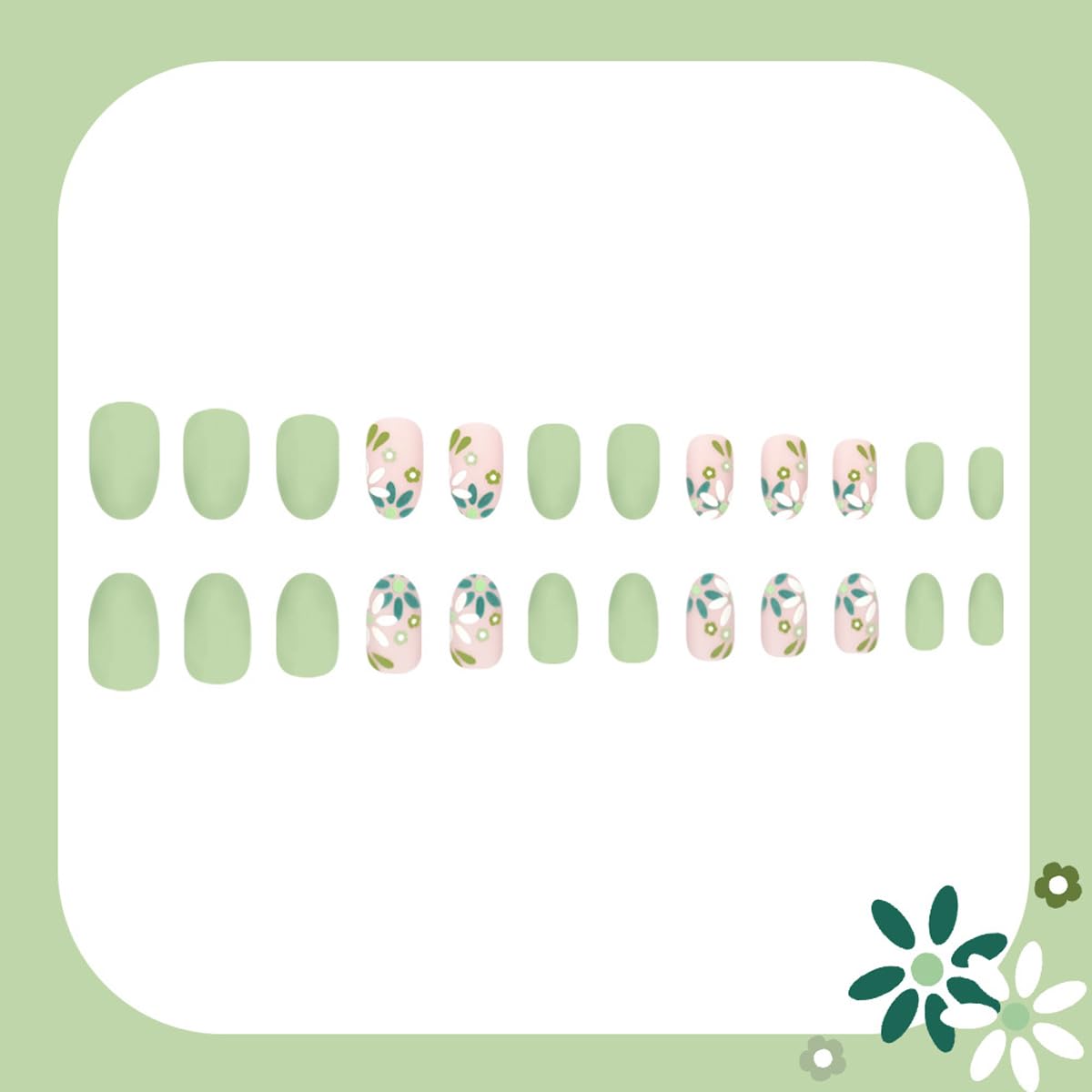 Matte Green Press on Nails Medium Oval Fake Nails Spring Nails Press ons with Cute Flower Design, Reusable Artificial Nail Full Cover Stick on Nails for Women Manicure 24Pcs