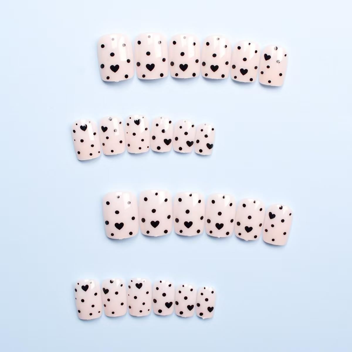 Square Press on Nails Short Fake Nails with Black Heart Spot Design Full Cover Glossy Stick on False Nails for Women 24 Pcs