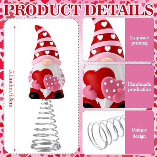 Gejoy Valentines Day Gnome Miniature Tree Topper, 5.1 Inches Mini Resin Gnome Valentine Tree Decorations for Wedding Party Supplies, Pink Valentines Table Centerpiece, Home Decor