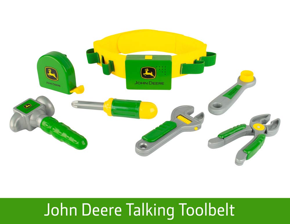 John Deere Deluxe Talking Toolbelt - 7-Piece Kids Tool Set - Interactive Construction Toys - Interactive Toddler Tools Playset - Green - 7 Count - Preschool Toys Ages 2 Years and Up
