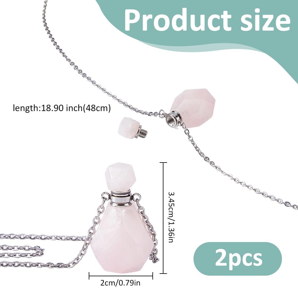 SUPERFINDINGS 2Pcs Perfume Bottle Necklace Essential Oil Diffuser Necklace Pink Natural Rose Quartz Perfume Bottle Pendant with 304 Stainless Steel Chain Gemstone Vial Pendant for Woman Men