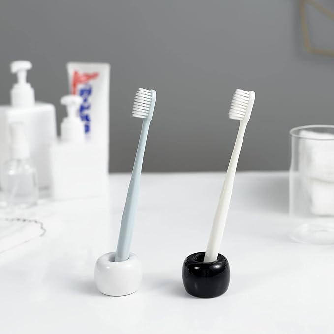 Mini Ceramic Couple Toothbrush Holder, Hand-Made Bathroom Toothbrush Holder, Electric Toothbrush Head Holder and Office Pen Holder 2-Piece Set (Black)
