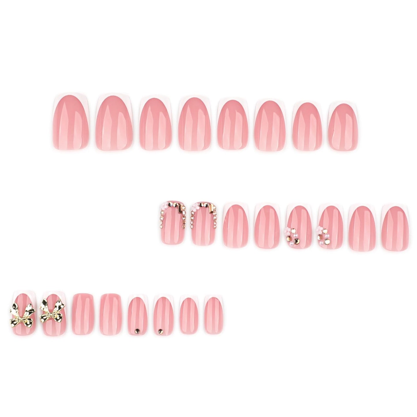 24Pcs Bow Press on Nails White French Tip Fake Nails Short Nail Press ons with Rhinestone Flower Design Square Stick on Nail for Women Manicure 24Pcs