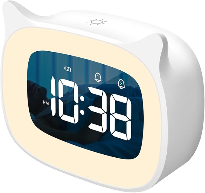 Cute Cat Ear Alarm Clock with Night Light for Bedroom,White