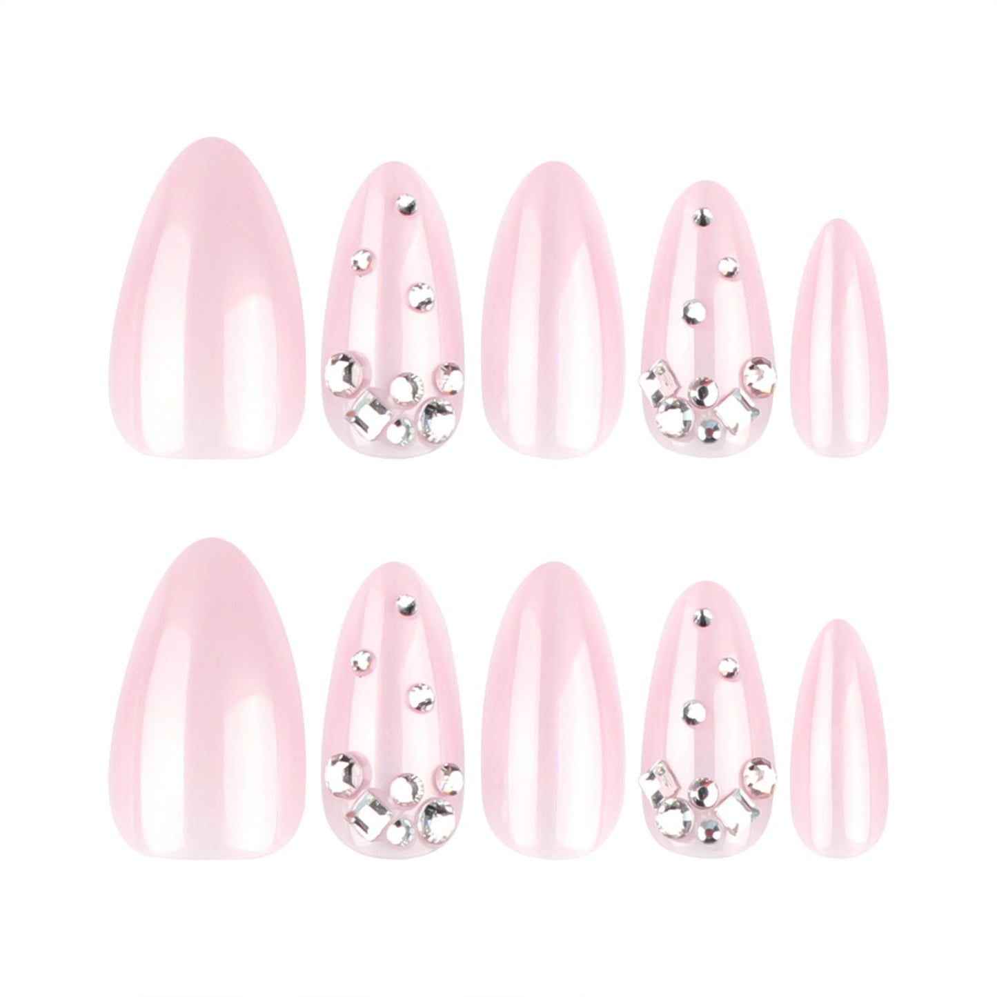 Nude Pink Rhinestone Press On Nails, Glossy Gradient Almond Fake Nails with Crystal Gems Design, Elegant Sparkly Stick On Nails for Women, 24PCS Reusable False Nail Set