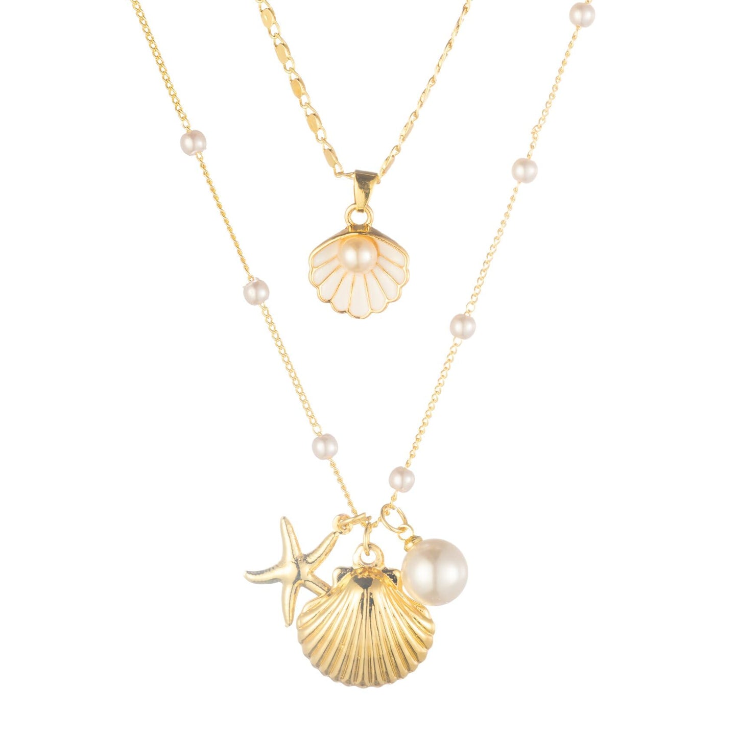 Shell Necklaces for Women 14k Gold Plated Layered Starfish Conch SeaShell Pearl Pendant Charm Necklace Adjustable Stainless Steel Chain Summer Beach Jewelry (Gold Shell)