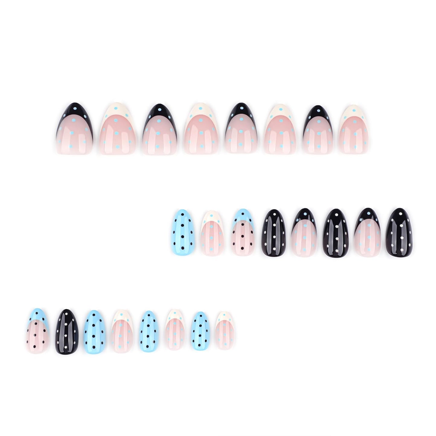 24PCS Soft Gel Press On Nails Almond Polka Dot Nude Blue Black Glossy, Reusable Glue On Fake Nails Acrylic Look False Nails for Women