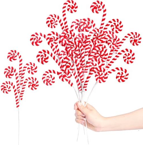 Sggvecsy 6 Pcs Christmas Tree Decoration Woolen Bells Candy Cane Shape Picks Lollipop Curly Pick Ornaments Xmas Tree Topper for Party Vase Filler Home Office Decor (Red)