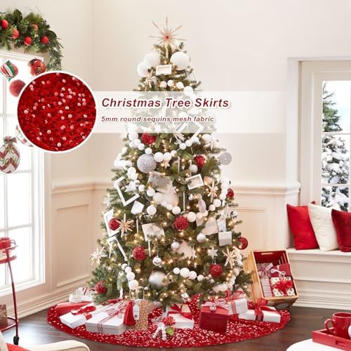 Red Christmas Tree Skirt 48 Inches Glitter Sequin Tree Skirt Embroidered Velvet Tree Mat Large Tree Skirts for 6ft Xmas Trees