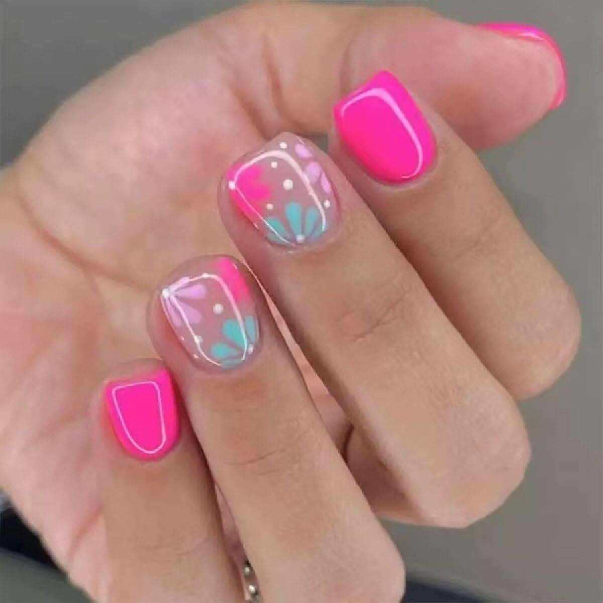 Pink Press on Nails Short Square Fake Nails with Flower Spot Design Full Cover Spring Stick on False Nails for Women 24 Pcs