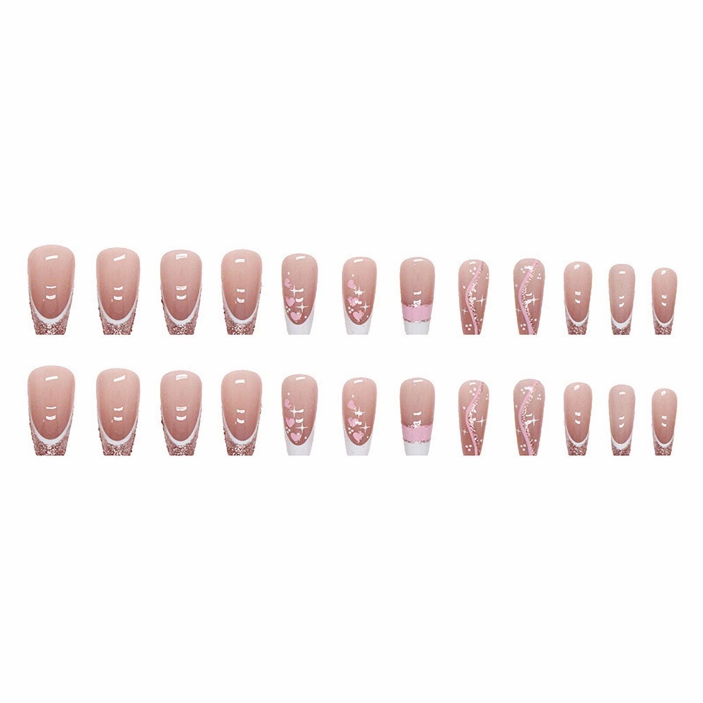 MISUD Press on Nails - Long Coffin Glue on Nails with Pink, Acrylic Bling Glitter Design 24 pcs