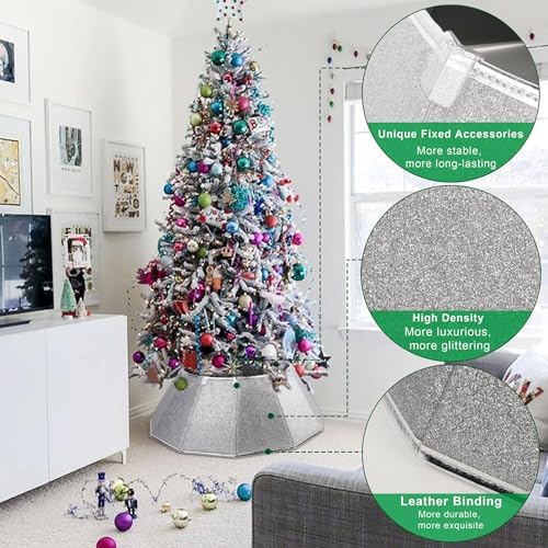 Blissun Fabric Christmas Tree Collar - Glittering Ring and Willow Skirt for Tree Decorations (Glitter Silver)