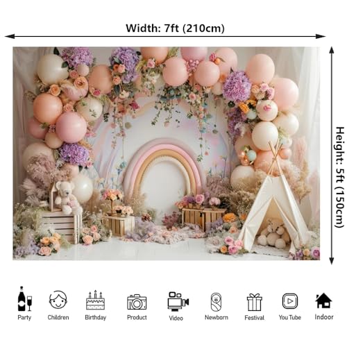 Newborn Baby 1st Birthday Photography Backdrop - Boho Balloons Tent Flower Decor Background for Kids Birthday, Baby Shower Party Portrait Cake Smash Props (7x5ft) - size: 7x5ft