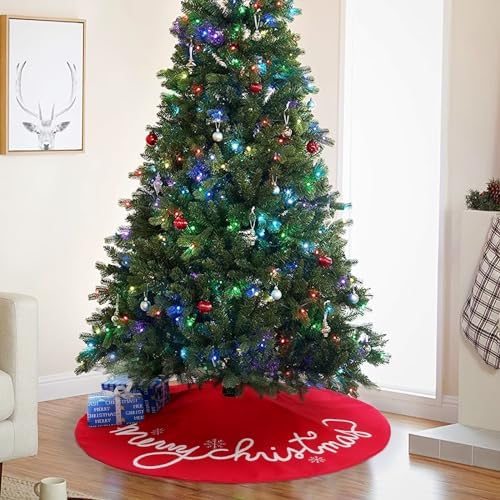 48 Inch Christmas Tree Skirt Red Small Plush Xmas Tree Mat with Merry Christmas Patterns Soft Thick Holiday Decor for Home Party