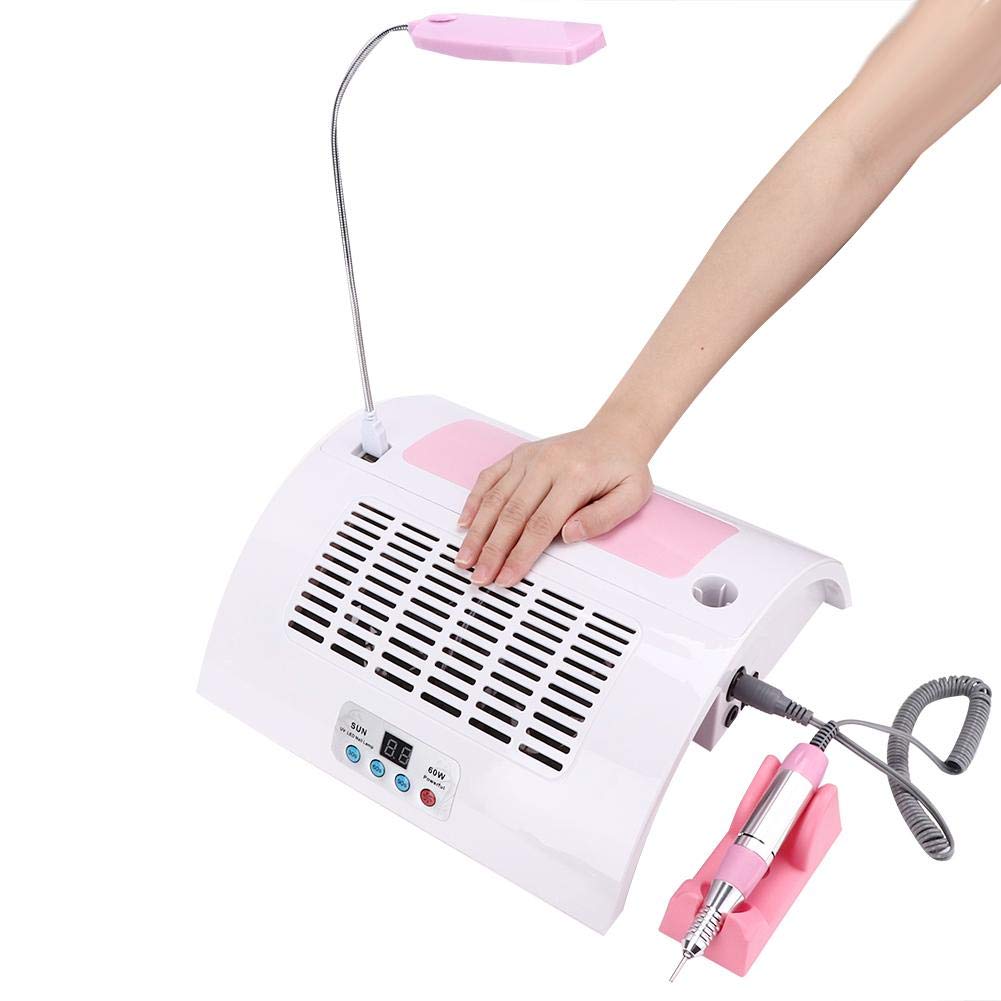 5 in 1 Nail Dust Collector with Drill, 60W Electric Nail Vacuum Dust Collector Extractor Nail Dust Cleaner Manicure Light Hand Rest Pillow Dust Suction Machine for Manicure Pedicure (US)