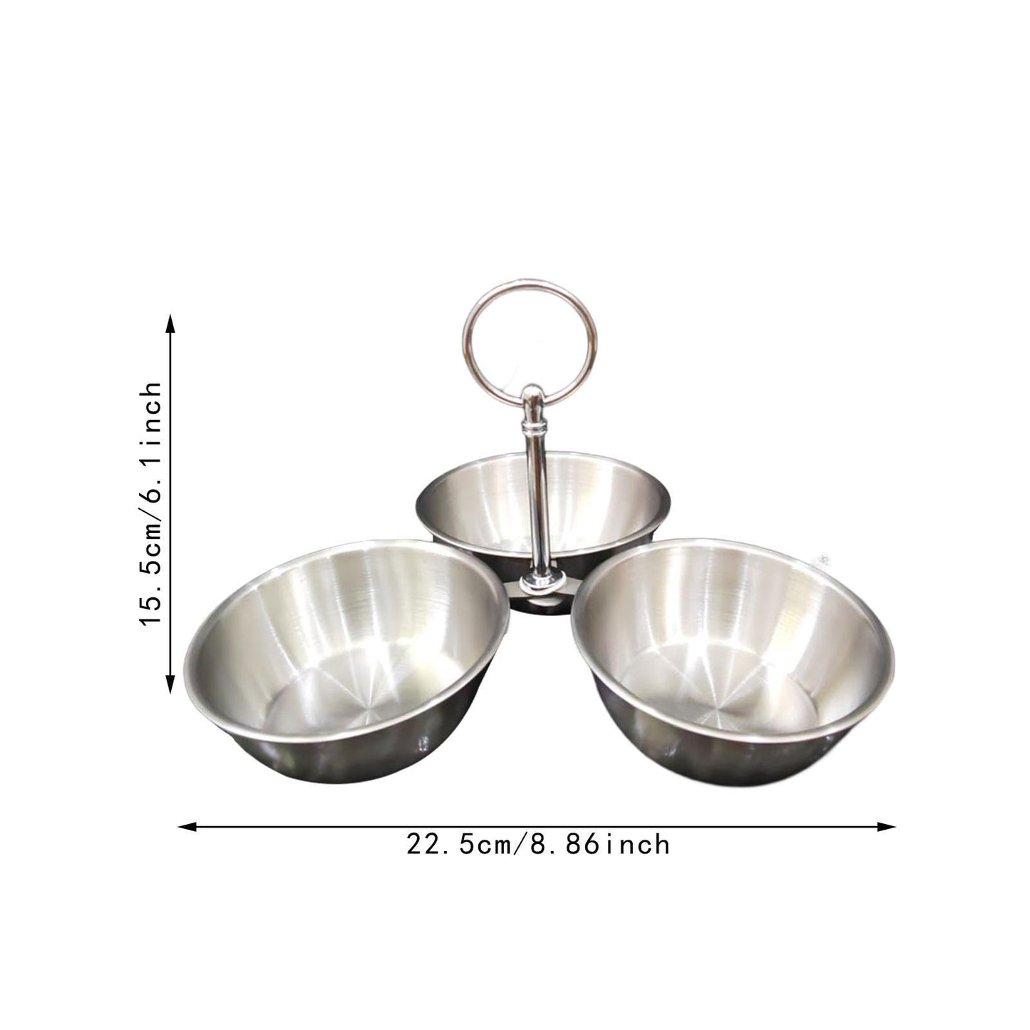 YWJLQH Snack Serving Bowl, 3 Compartment Stainless Steel Snack Stand with Bowls, Divided Serving Tray for Candy Dessert Snacks, Silver