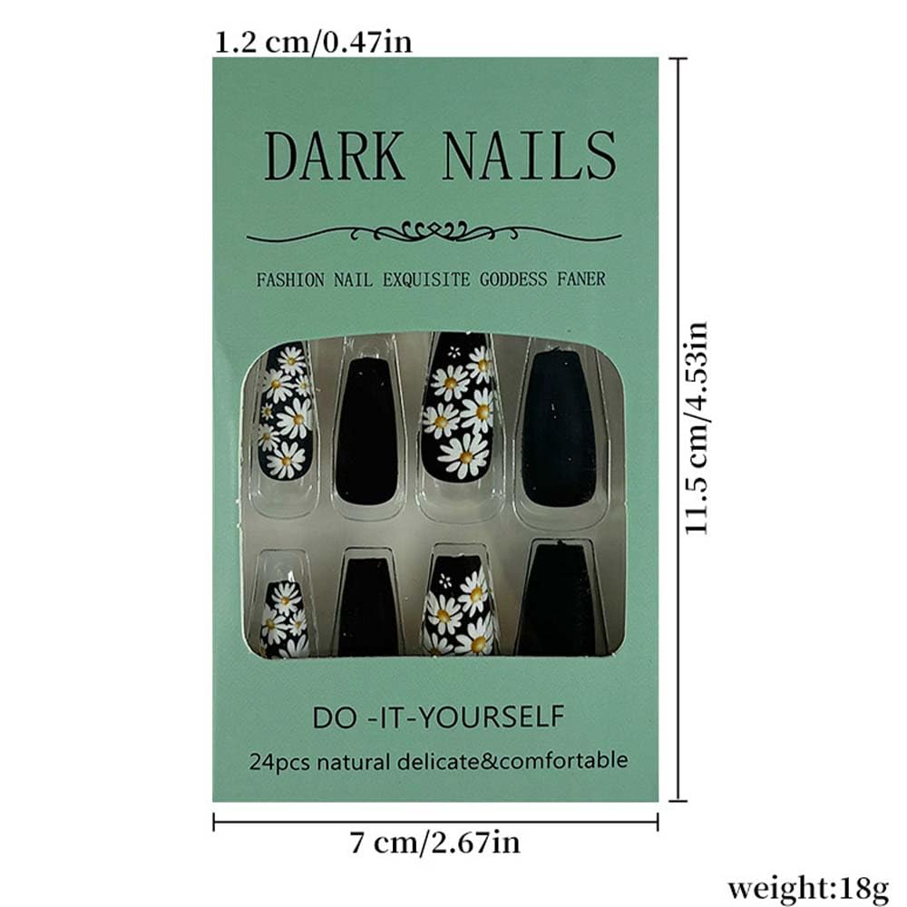 Coffin Press On Nails Medium Fake Nails Black False Nails With Daisy Design Flower Glue On Nails Full Cover Acrylic Artificial Reusable Stick On Nail For Women Manicure Art 24pcs