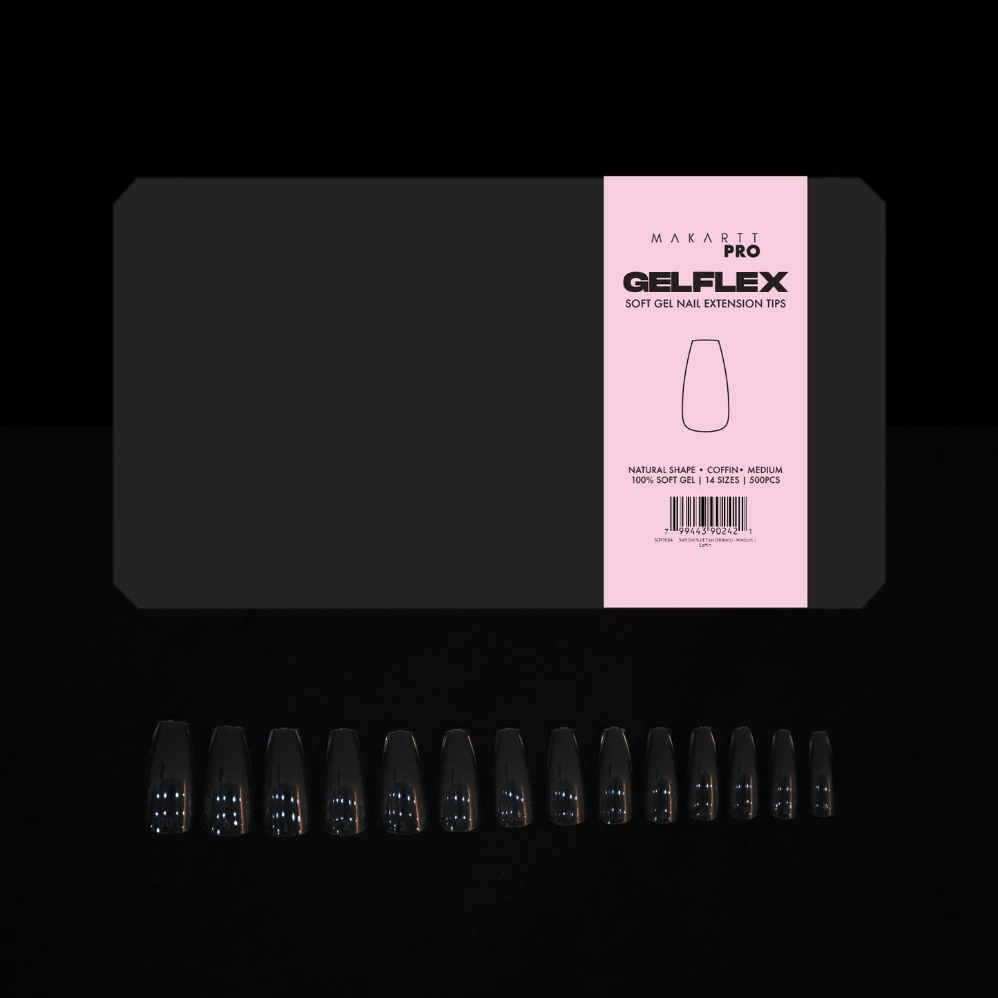 MakarttPro GelFlex Soft Gel Nail Tips 500pc Box – Medium Coffin Shape – 14 Sizes 00–9 – Clear Soft Gel Tips for Nail Extension – Easy to Apply, Lightweight, Professional Salon Quality