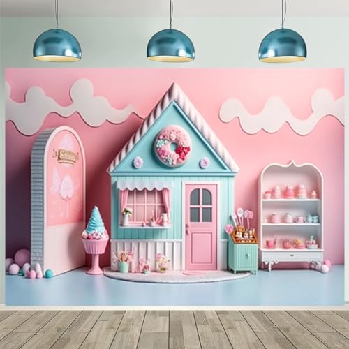 Pink Ice Cream Shop Candy House Background for Photoshoot Girl Birthday Party Decoration Children Happy First 1st Birthday Party Backdrop Summer Candy House Baby Shower Backdrop (9X6FT) - size: 9X6FT