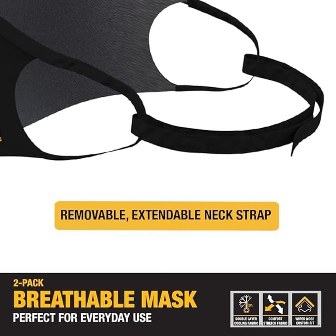 DEWALT Breathable Cloth Face Masks — Adjustable Earloops and Removable Neckstrap — Black — 2-Pack